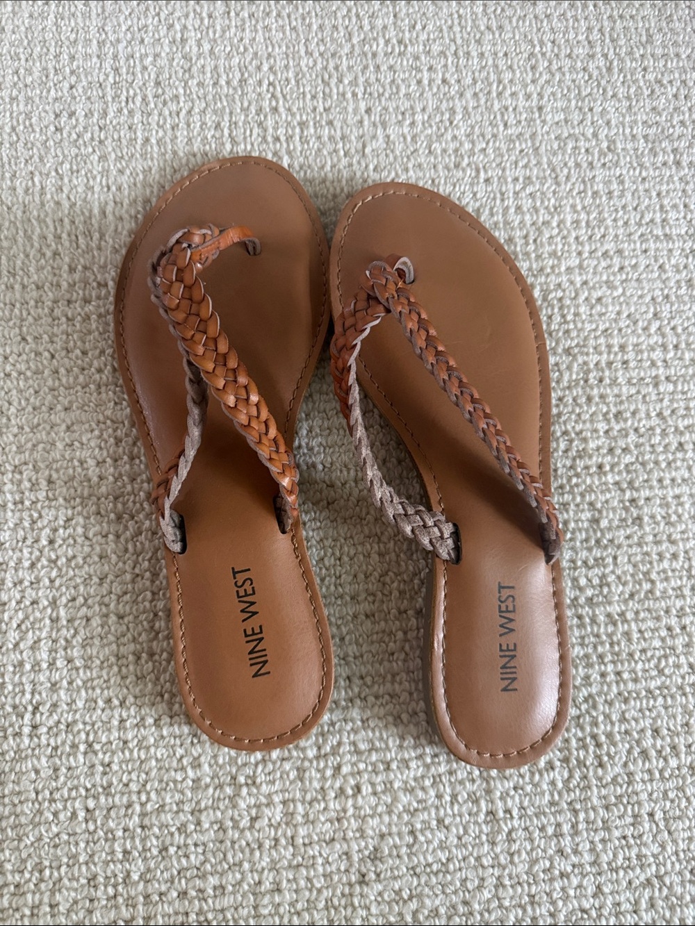 Nine West Braided Tan and Brown Leather Thong Sandals